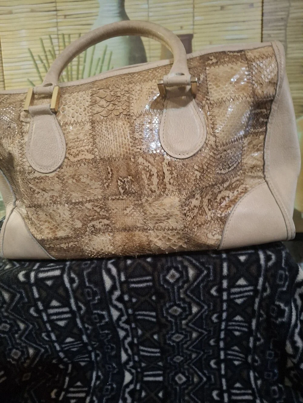 Beige Snake-Texture Satchel Handbag